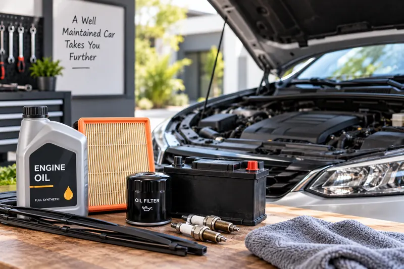 Car maintenance items including tires, oil, brakes, and dashboard indicators representing costly ownership mistakes.