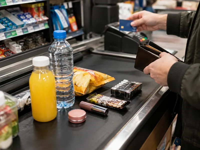 Small everyday purchases such as coffee, snacks, app charges, delivery fees, and convenience items beside a receipt.