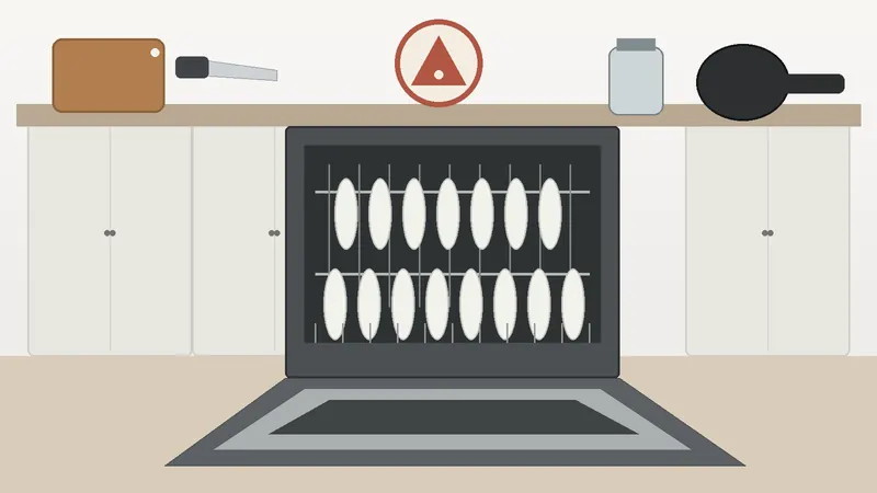 Open dishwasher beside a wooden cutting board, cast-iron pan, chef’s knife and insulated mug, illustrating kitchen items that are safer to wash by hand.