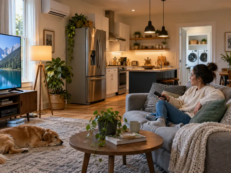 Home interior with common appliances and lighting that can increase household electricity use.