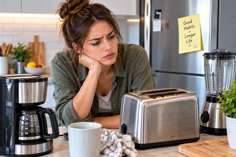 Modern kitchen appliances with maintenance tools, illustrating habits that can affect appliance lifespan.