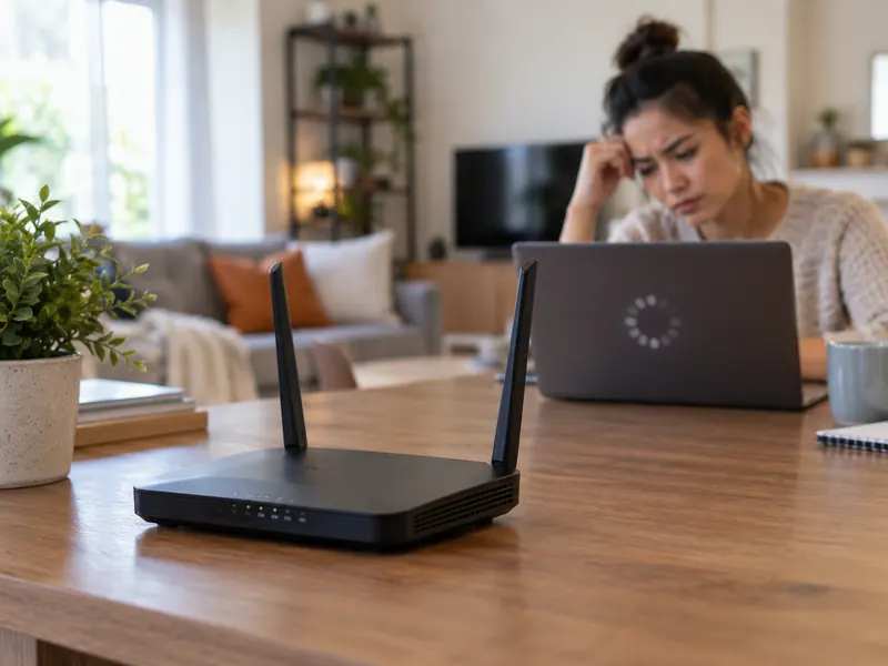 Home Wi-Fi router with signal paths and common sources of wireless interference.