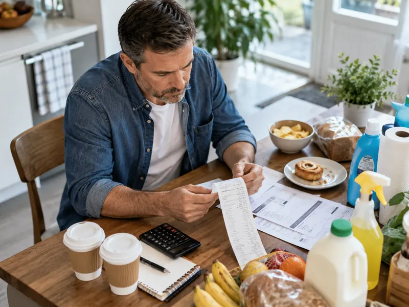 Household budget worksheet beside utility, grocery, insurance, and subscription expenses.