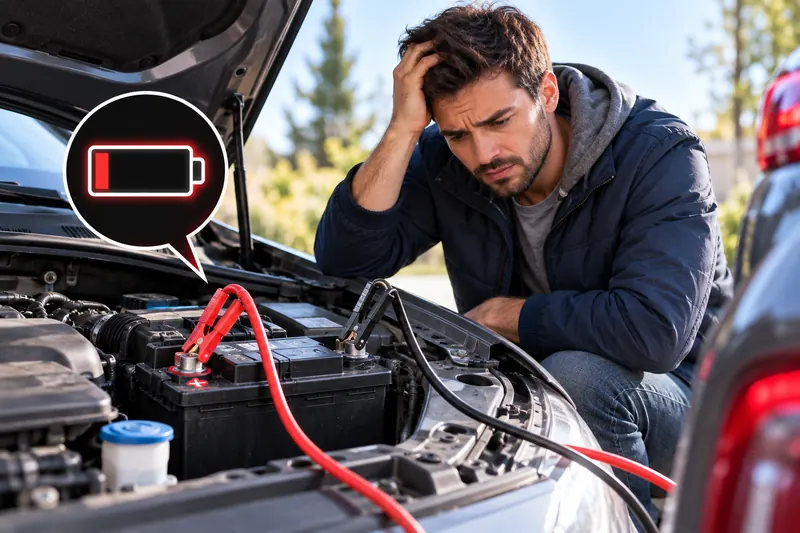 Car battery under the hood with common electrical causes of battery drain highlighted.