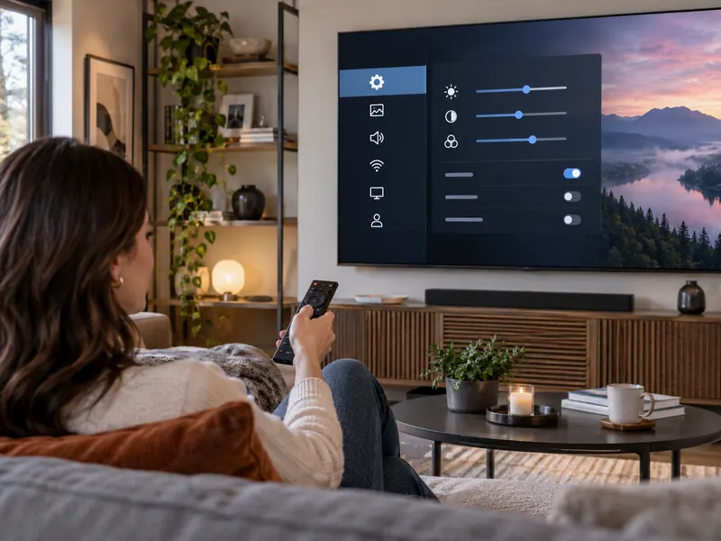 Smart TV settings menu showing picture, privacy, network, audio, and power options.