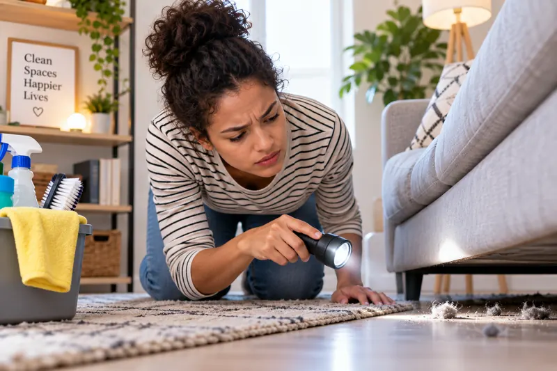Home cleaning scene highlighting overlooked high-touch and hidden household areas.